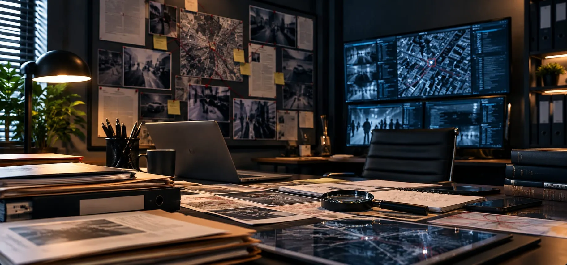 Imagen ilustrativa de un espacio de trabajo con documentos, mapas y pantallas, sin personas