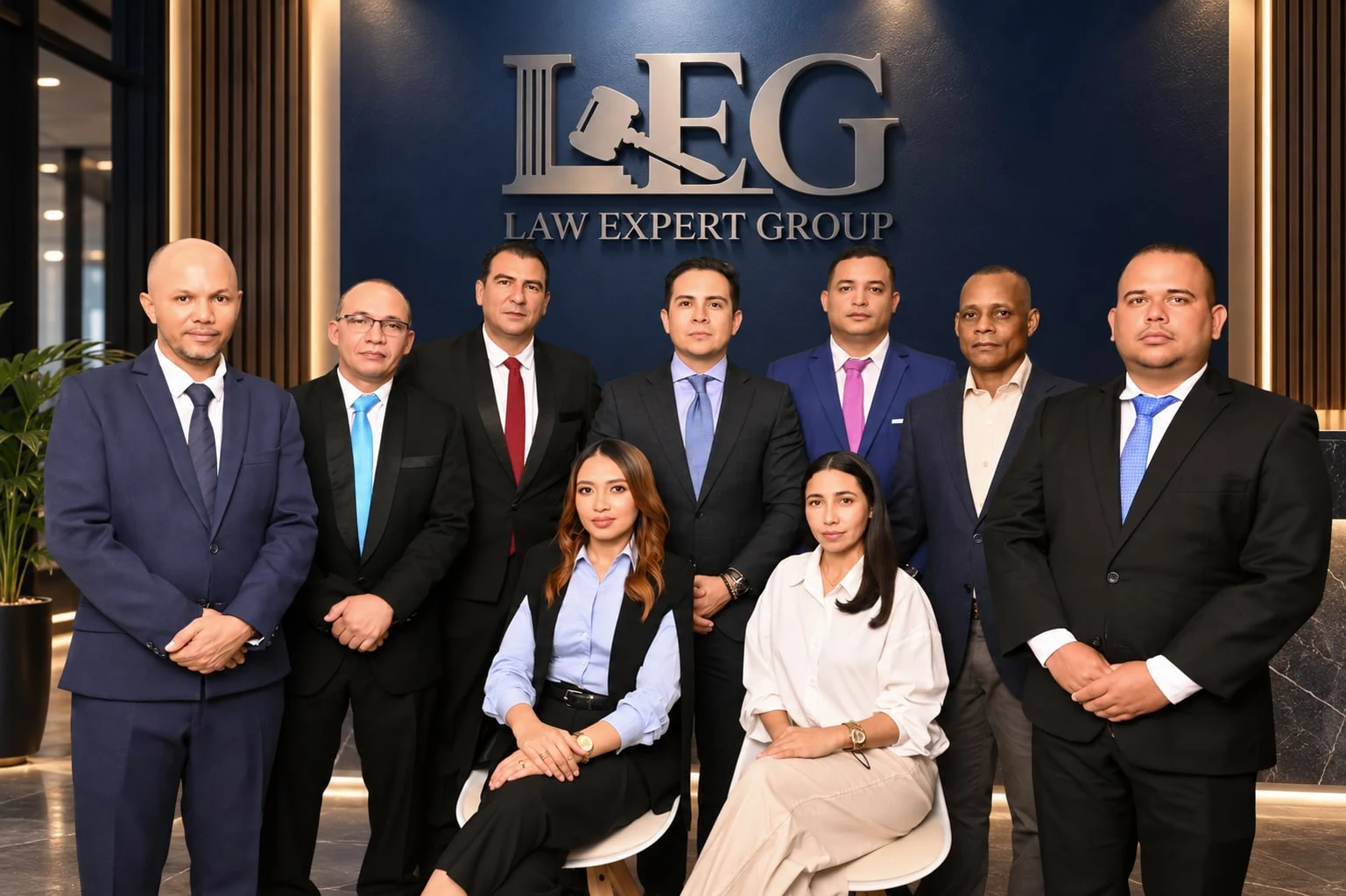 Equipo de Law Expert Group frente a la pared corporativa con el logotipo LEG
